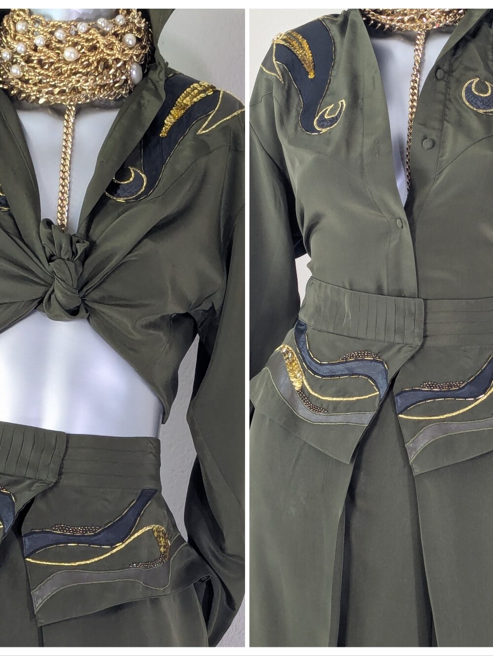 ViNTage 80S 100% Silk & Leather Artsy Chic Retro Avantguard Two-Piece Skirt Set